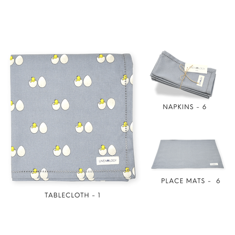 Dining Set - Chick & Egg - Blue Fog - Acrylic Coated Table Cloth, 6 Place mats (Solid), Napkins (Solid - Set of 6)