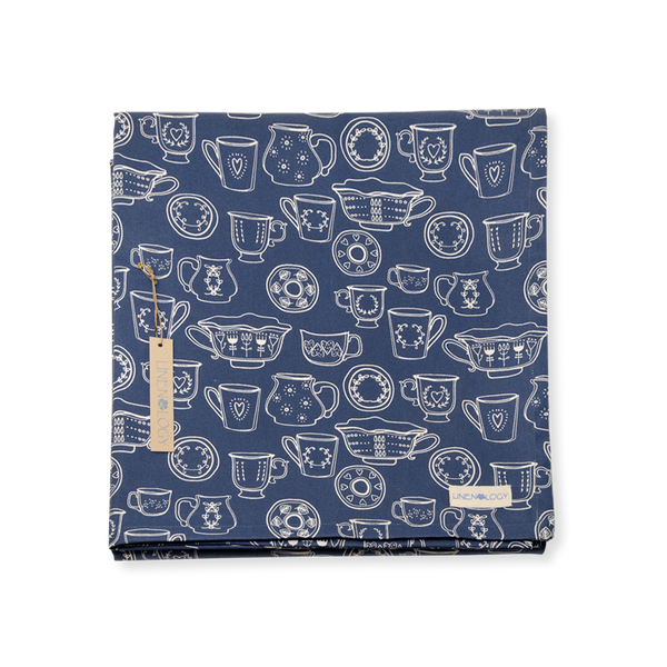 Acrylic Coated Table Cloth - Cup & Saucer - Navy