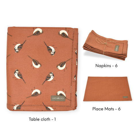 Dining Set - Sparrows - Burnt Chilli - Acrylic Coated Table Cloth, 6 Place mats (Solid), Napkins (Set of 6)