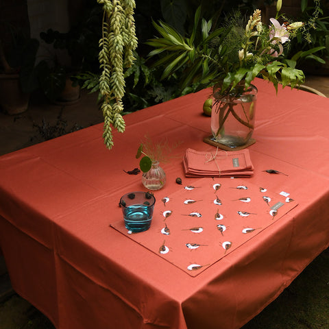 Dining Set - Sparrows - Burnt Chilli - Acrylic Coated Table Cloth (solid), 6 Place mats (print), Napkins (Set of 6)