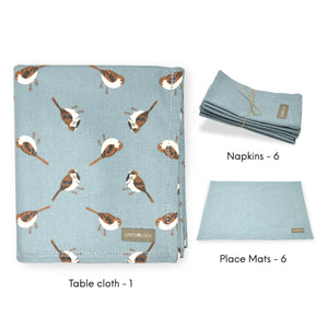 Dining Set - Sparrows - Cameo Blue - Acrylic Coated Table Cloth, 6 Place mats (Solid), Napkins (Set of 6)