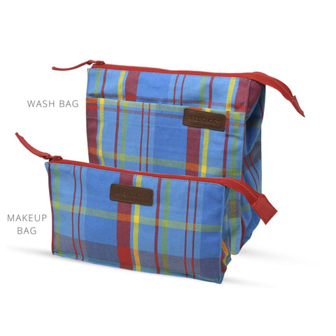 Combo -Wash Bag Tall & Makeup Bag Big - Manic Madras - Blue