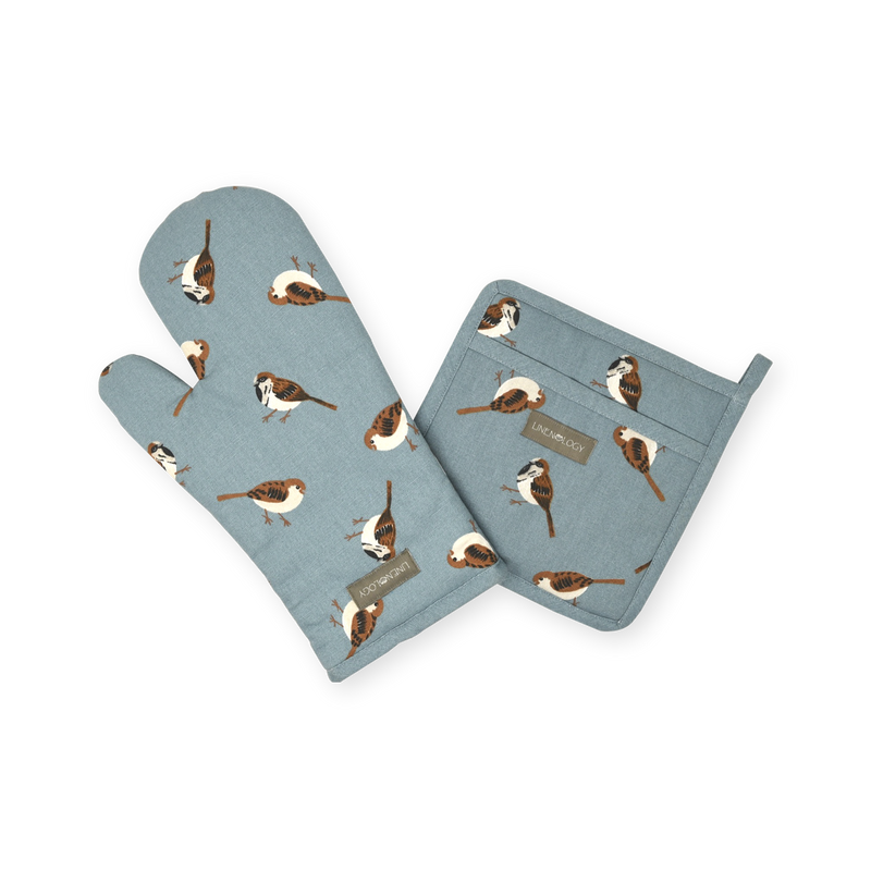 Oven Mitt & Pot Holder Set - Sparrows - Cameo Blue