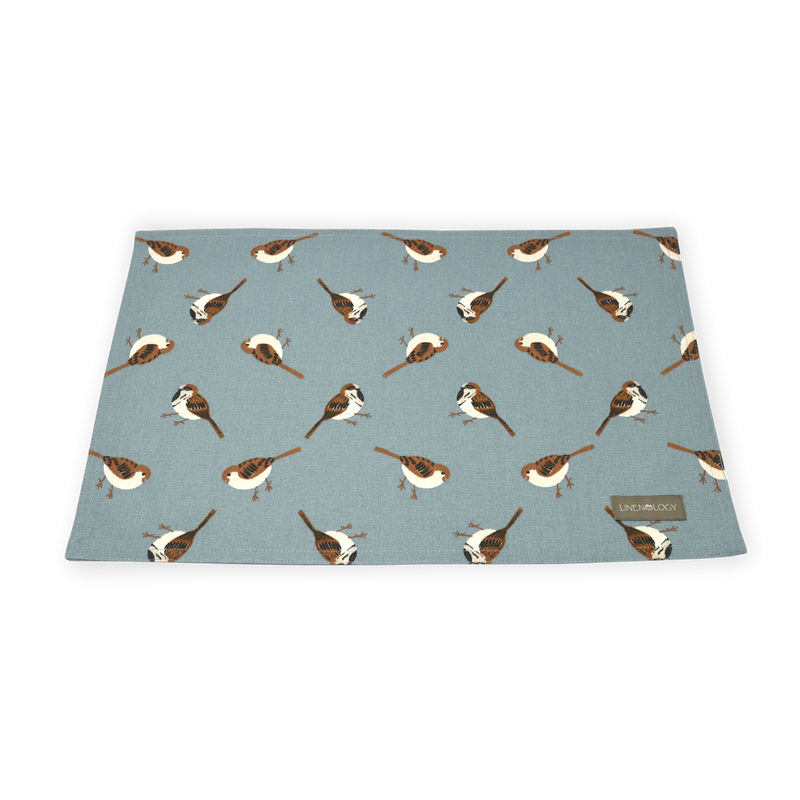 Dining Set - Sparrows - Cameo Blue - Acrylic Coated Table Cloth (solid), 6 Place mats (print), Napkins (Set of 6)