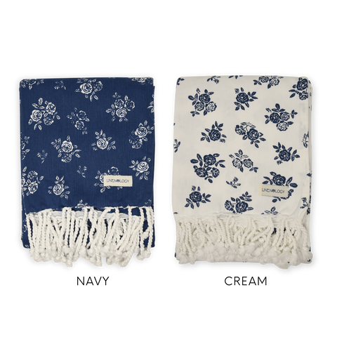 Set of 2 Hammam Towels - English Rose - Navy, Cream