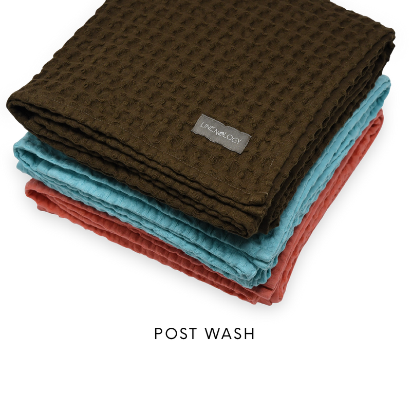 Set of 3 Chunky Waffle Towels - Aqua Sky, Dark Forest, Salmon Blush